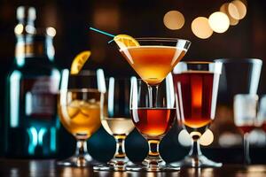 a group of different alcoholic drinks on a bar. AI-Generated photo