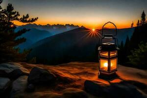 a lantern is lit up on a mountain at sunset. AI-Generated photo