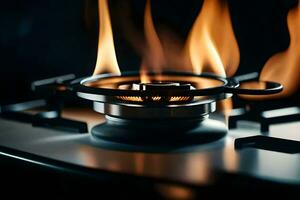 a gas stove with flames on it. AI-Generated photo