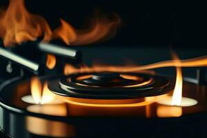 a close up of a gas burner with flames. AI-Generated photo