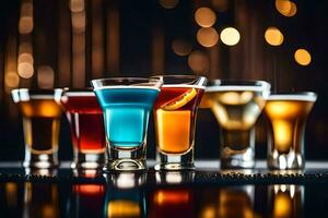 un fila de diferente de colores bebidas en un bar. generado por ai foto