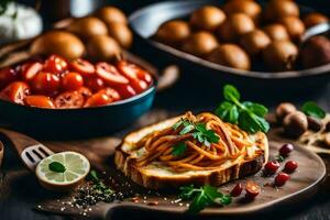 espaguetis con tomate salsa y vegetales en un de madera tablero. generado por ai foto