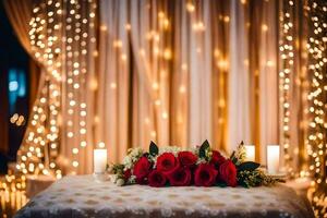 wedding decor with red roses and candles. AI-Generated photo