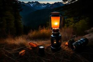a lantern is lit in the middle of a forest. AI-Generated photo