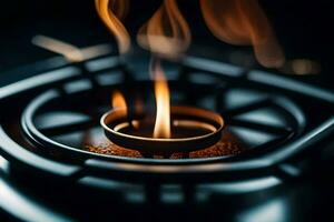 a close up of a gas stove with flames. AI-Generated photo