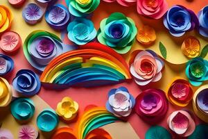 colorful paper flowers and a rainbow are arranged on a pink background. AI-Generated photo