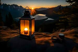 a lantern is lit on a mountain top at sunset. AI-Generated photo