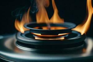 a close up of a stove with flames. AI-Generated photo