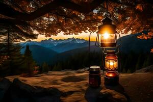 a lantern and two jars are sitting on a rock in front of a mountain. AI-Generated photo