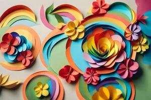 colorful paper flowers are arranged on a wall. AI-Generated photo