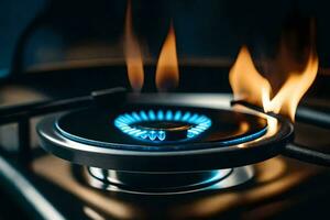 a gas stove with flames on it. AI-Generated photo