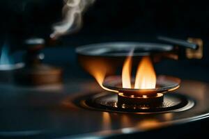 a gas stove with a flame coming out of it. AI-Generated photo