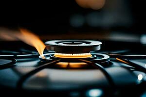 a close up of a gas burner on a stove. AI-Generated photo