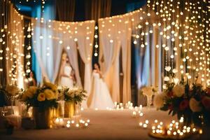 a wedding ceremony is set up with candles and lights. AI-Generated photo