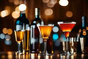 three different types of alcoholic drinks are lined up on a bar. AI-Generated photo