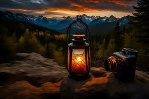 a lantern and camera on top of a mountain with a sunset. AI-Generated photo