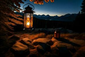 the lantern is lit in the dark, with the mountains in the background. AI-Generated photo