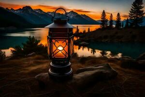 a lantern is lit up by the sun on a lake. AI-Generated photo