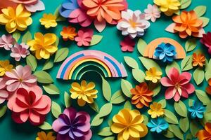 colorful paper flowers and a rainbow on a green background. AI-Generated photo