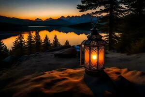 a lantern is lit up by the sun on a mountain. AI-Generated photo