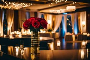 a table with red roses in a vase on it. AI-Generated photo