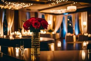 un mesa con rojo rosas en un florero en él. generado por ai foto