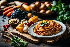 spaghetti with tomato sauce and vegetables on a wooden table. AI-Generated photo