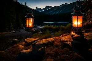 lanterns on the rocks by the lake. AI-Generated photo
