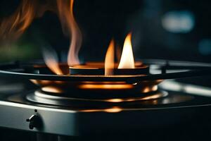 a close up of a gas stove with flames. AI-Generated photo