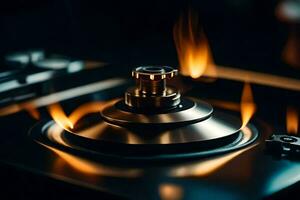 a close up of a gas burner with flames. AI-Generated photo