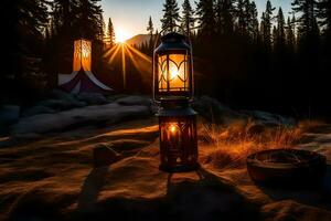a lantern is lit up in the middle of the forest. AI-Generated photo