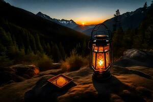 lantern on the mountain, sunset, mountains, hd wallpaper. AI-Generated photo
