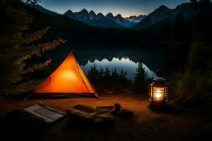 foto fondo de pantalla noche, el cielo, montañas, lago, carpa, linterna, el luna, el. generado por ai