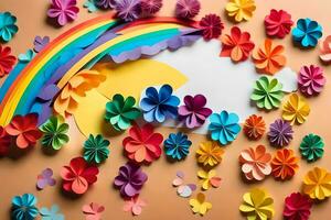 colorful paper flowers and rainbow on a beige background. AI-Generated photo