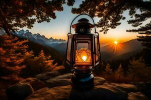 un linterna es iluminado arriba en el medio de un montaña. generado por ai foto
