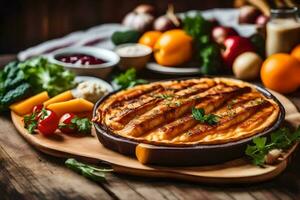 a pie with vegetables and other ingredients on a wooden table. AI-Generated photo