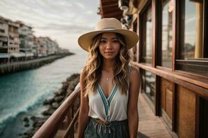 joven mujer explorador ciudad monumentos durante vacaciones ai generativo foto