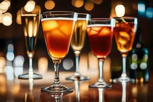 four glasses of different drinks sitting on a table. AI-Generated photo