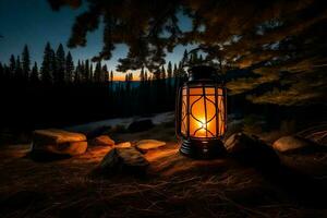 a lantern lit up in the dark in the woods. AI-Generated photo