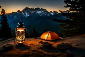 the lantern is lit up in the mountains at sunset. AI-Generated photo