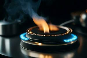 a gas stove with flames on it. AI-Generated photo