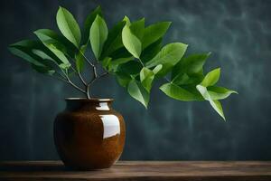 a brown vase with a green plant in it. AI-Generated photo