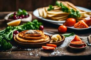 pancakes and vegetables on a wooden table. AI-Generated photo