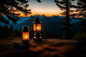 the lanterns are lit at sunset in the mountains. AI-Generated photo
