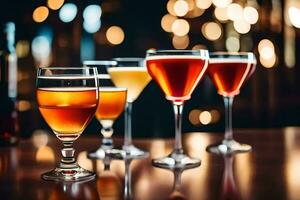 five different types of alcoholic drinks on a bar. AI-Generated photo