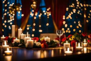 candles and flowers on a table at night. AI-Generated photo