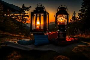 two lanterns sit on a blanket in the mountains. AI-Generated photo