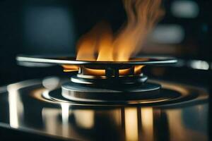 a close up of a gas stove with flames. AI-Generated photo