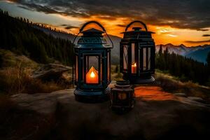 two lanterns on a rock in front of a sunset. AI-Generated photo