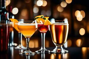a group of different alcoholic drinks on a bar. AI-Generated photo
